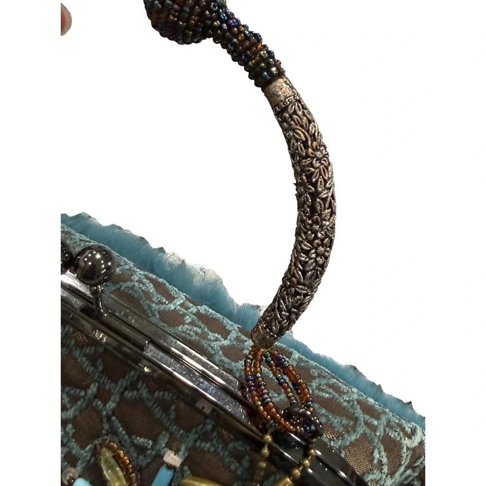 Mary Frances Beaded Feather Fur Evening Clutch Handbag Blue Brown Jeweled Purse